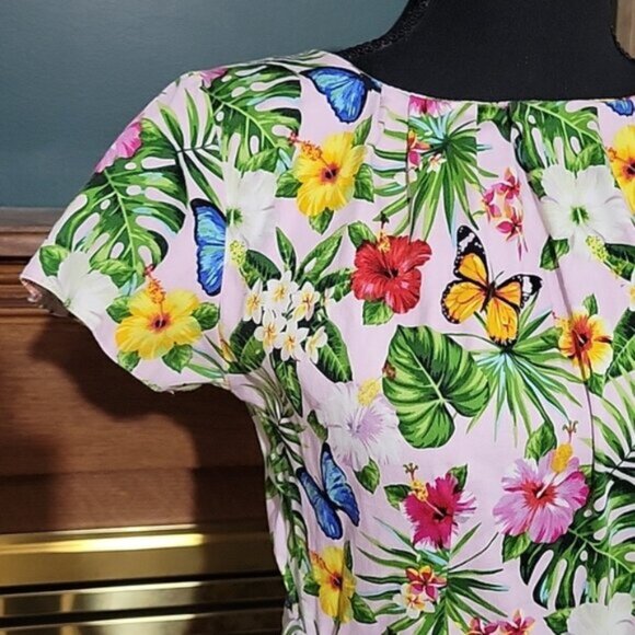 Lady Vintage Dress Butterfly Monstera Leaf Flower Print Cotton Sash Belt Size Sm - Picture 3 of 10